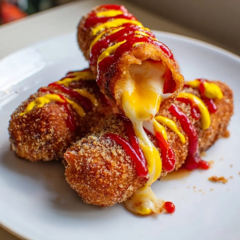 A close-up of irresistibly crispy Cheesy Korean Corn Dogs, showing a satisfying cheese pull.