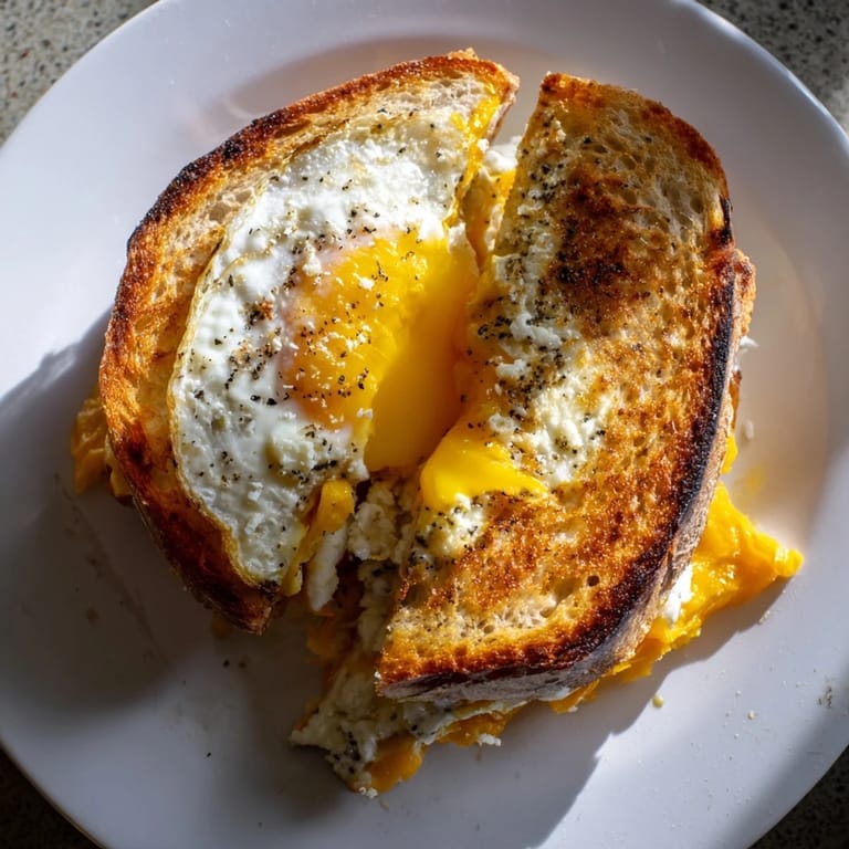 Imagine a close-up of the feta fried eggs grilled cheese: toasted bread, fresh herbs, and runny yolks.
