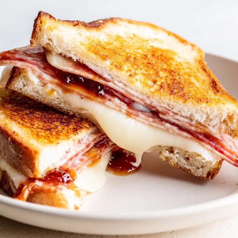 Close-up of a charcuterie grilled cheese, showing the gooey cheese and crispy, golden sourdough.