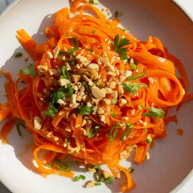 This Asian-inspired Spicy Carrot Salad looks crispy with a glistening, spicy soy-sesame dressing drizzled over it.