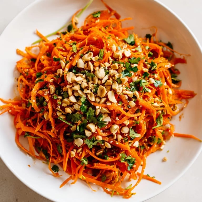 A close-up of a refreshing Spicy Carrot Salad with peanuts, ready to eat with a perfect blend of flavors.