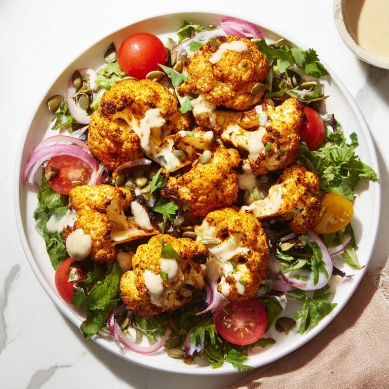 Fresh mixed greens are topped with crispy cauliflower in this vibrant Crispy Cauliflower Salad.