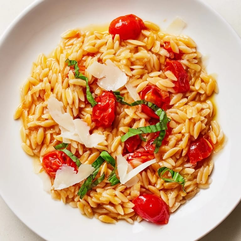 A steaming bowl of orzo tomato Parmesan, with glistening tomatoes and fresh basil, a delicious Italian meal.