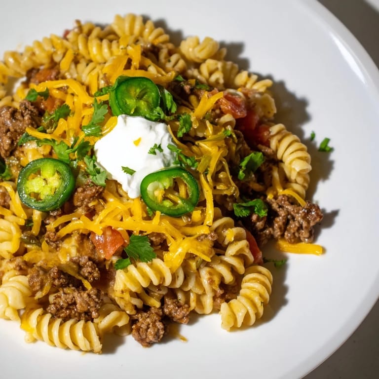 Warm, cheesy Beef Taco Pasta Skillet with tender pasta and savory beef, a delicious dinner.