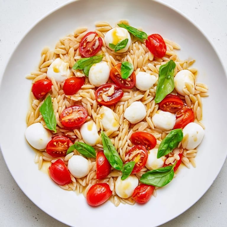 Tossed Caprese Orzo Salad featuring vibrant cherry tomatoes and mozzarella, drizzled in balsamic.