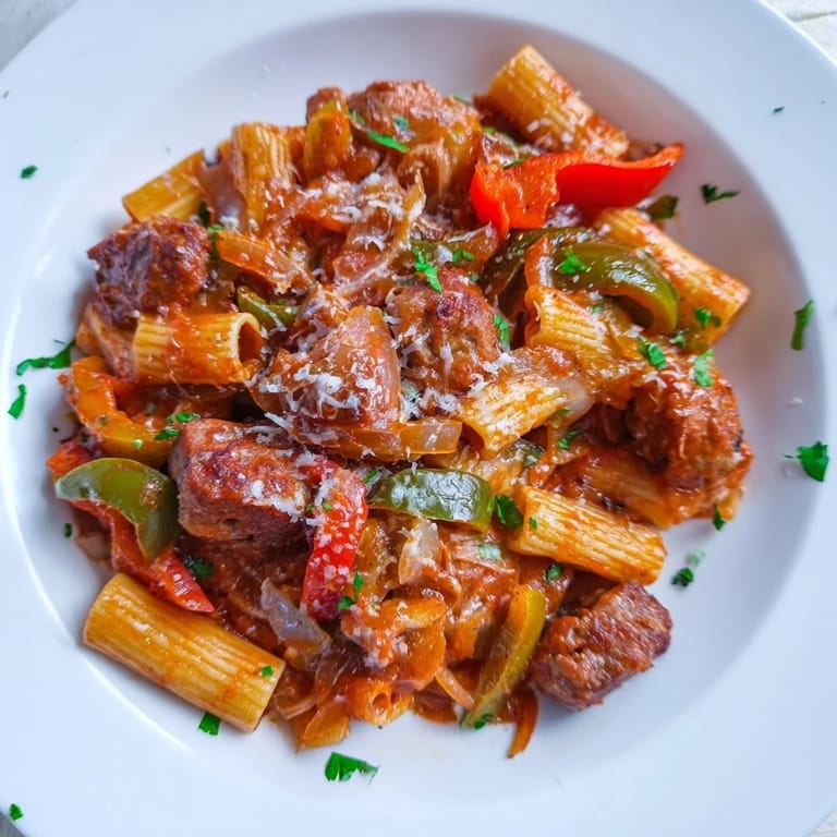 Close-up of golden-brown sausage and peppers pasta, garnished with fresh parsley and Parmesan.