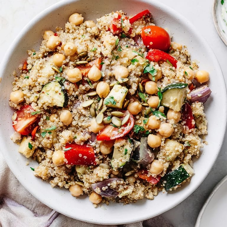 Imagine a delicious bowl of Quinoa Power Protein Salad, ready for lunch with toasted seeds.