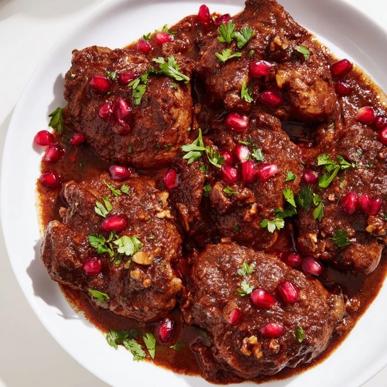 A close-up of Iranian Fesenjan reveals tender meat in a glossy, dark pomegranate sauce served with rice.