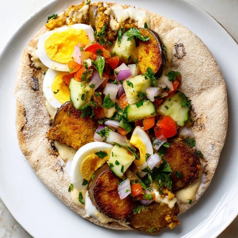 This photo shows a fluffy pita pocket bursting with colorful Israeli Sabich ingredients.