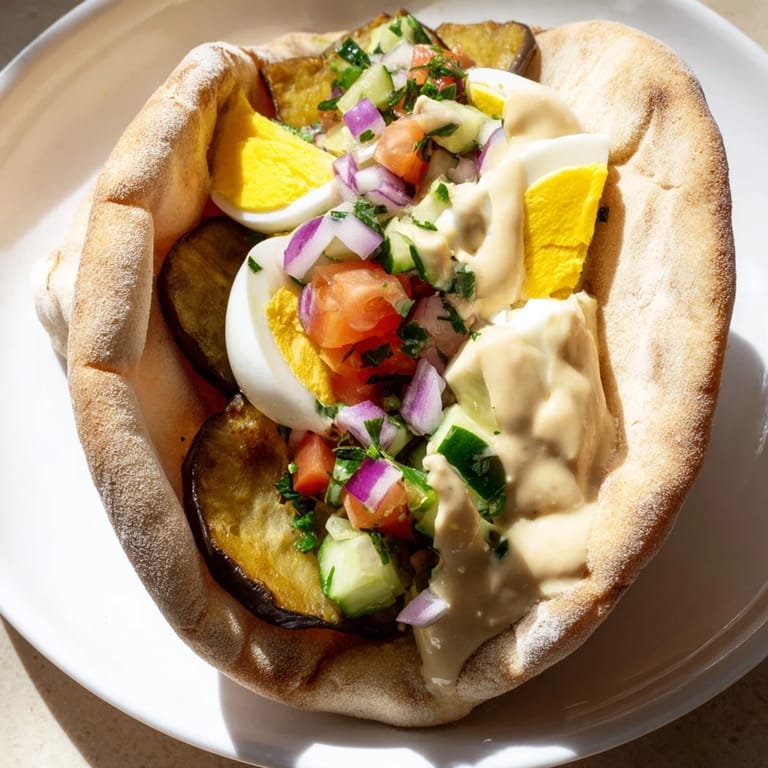 A close-up of a flavorful Israeli Sabich, a vegetarian delight, ready to eat.