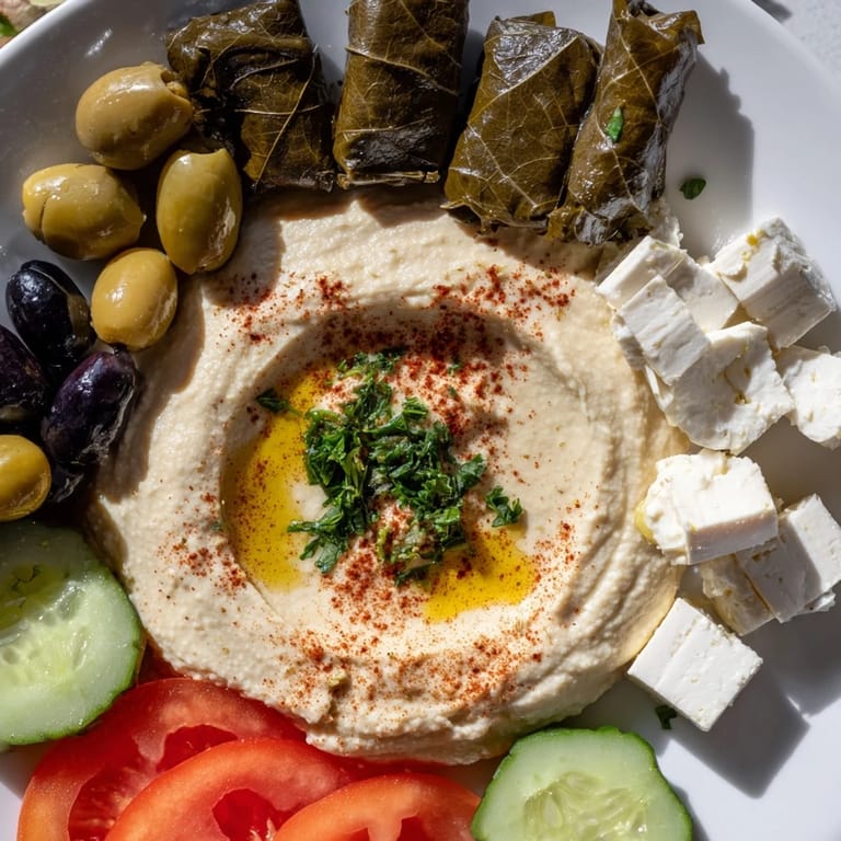 An inviting platter featuring Turkish Meze, with creamy hummus and olives alongside fresh veggies for dipping.