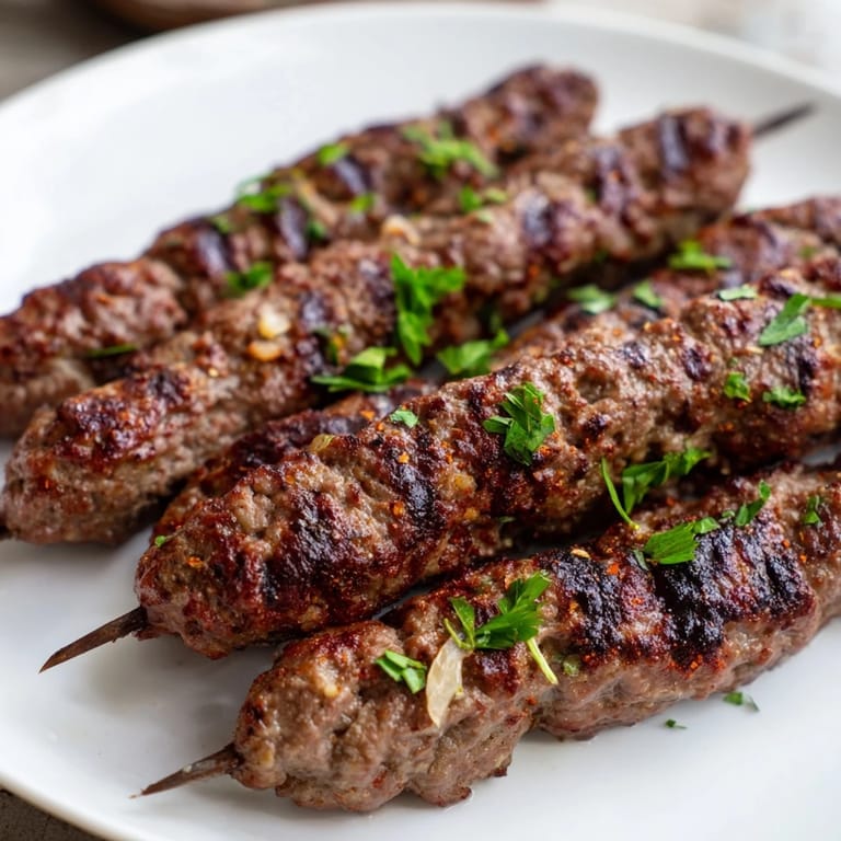 Close-up of golden-brown Iraqi Kebab Tikka, ready to serve with fresh parsley and lemon wedges nearby.