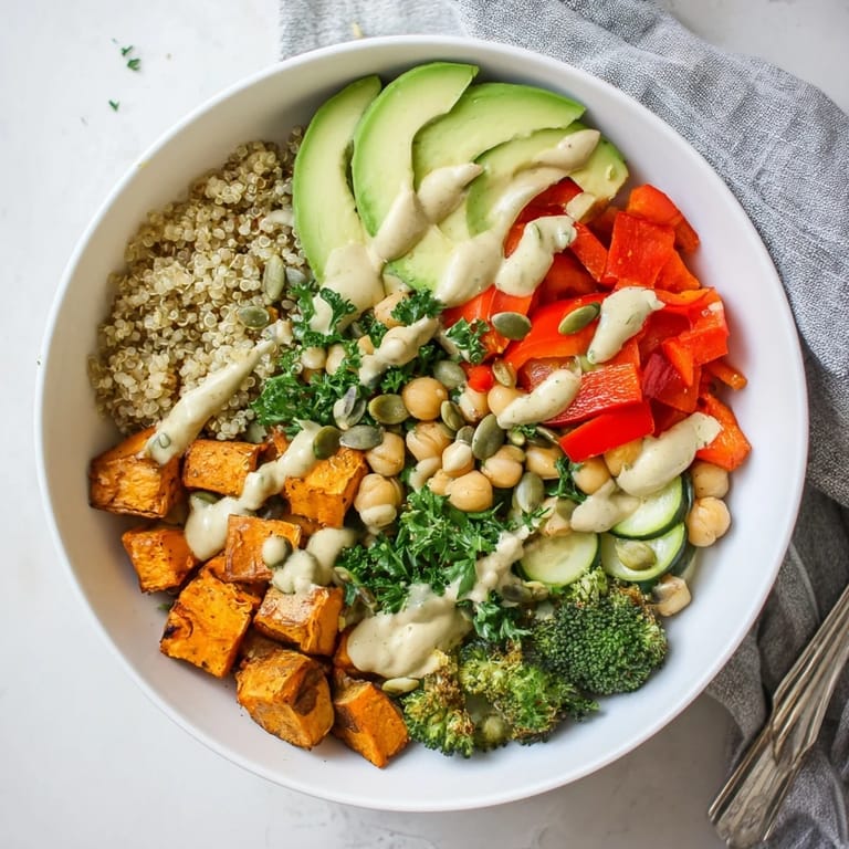 A vibrant Quinoa Buddha Bowl with crispy chickpeas, sweet potatoes, and fresh herbs served in a rustic bowl.