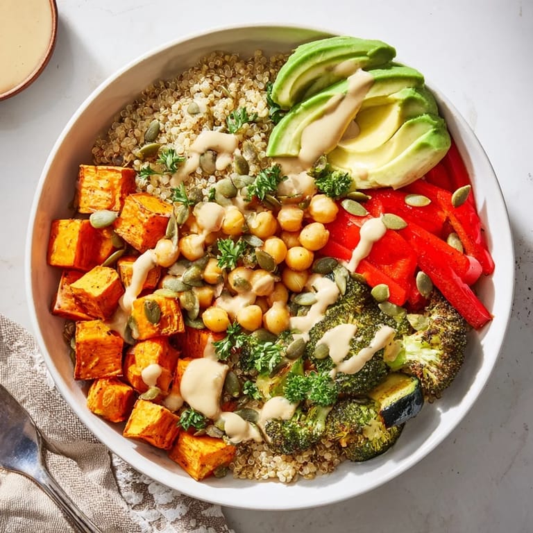 Hearty Quinoa Buddha Bowl featuring golden roasted veggies, creamy avocado slices, and a drizzle of lemony tahini dressing.