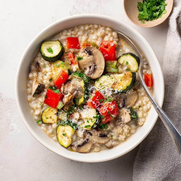 Creamy pearled barley simmered in vegetable broth, crowned with savory roasted vegetables and a sprinkle of Parmesan for a comforting main dish.  