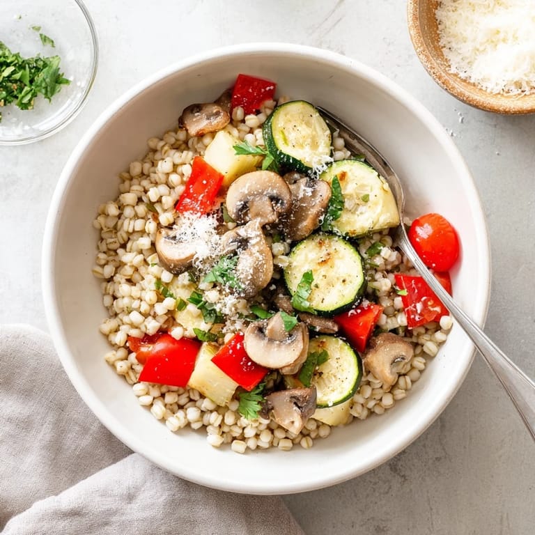 Vibrant roasted veggies add texture to this wholesome Pearled Barley Creamy Bowl, served steaming hot in a rustic white bowl.
