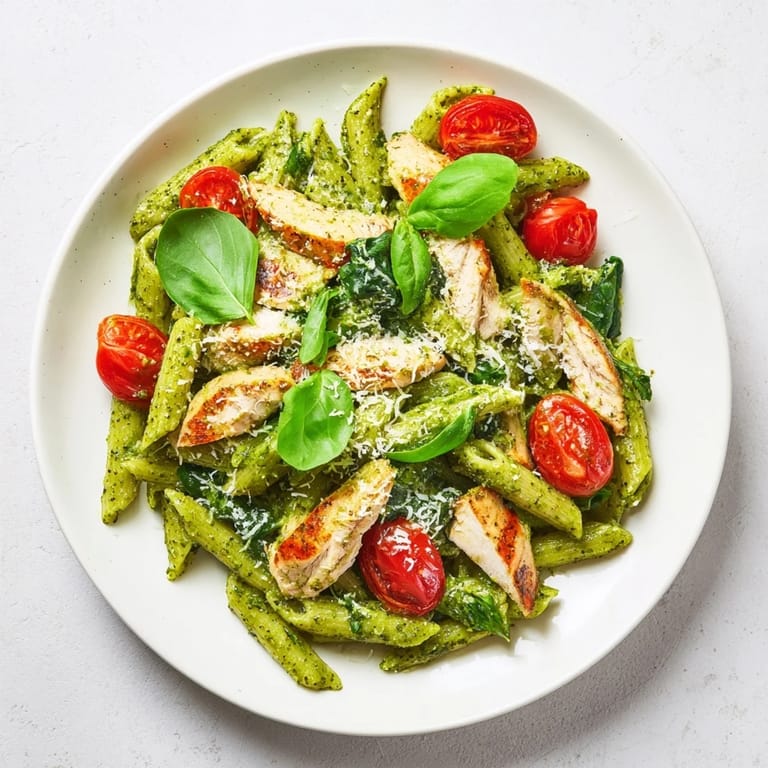 Freshly prepared Pesto Chicken Pasta served in a white bowl, garnished with extra Parmesan and fresh basil leaves, ready for a quick weeknight dinner.