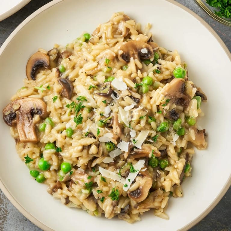 A close-up of the rich orzo mushroom risotto-style dish, featuring sautéed mushrooms and peas mixed throughout the pasta.