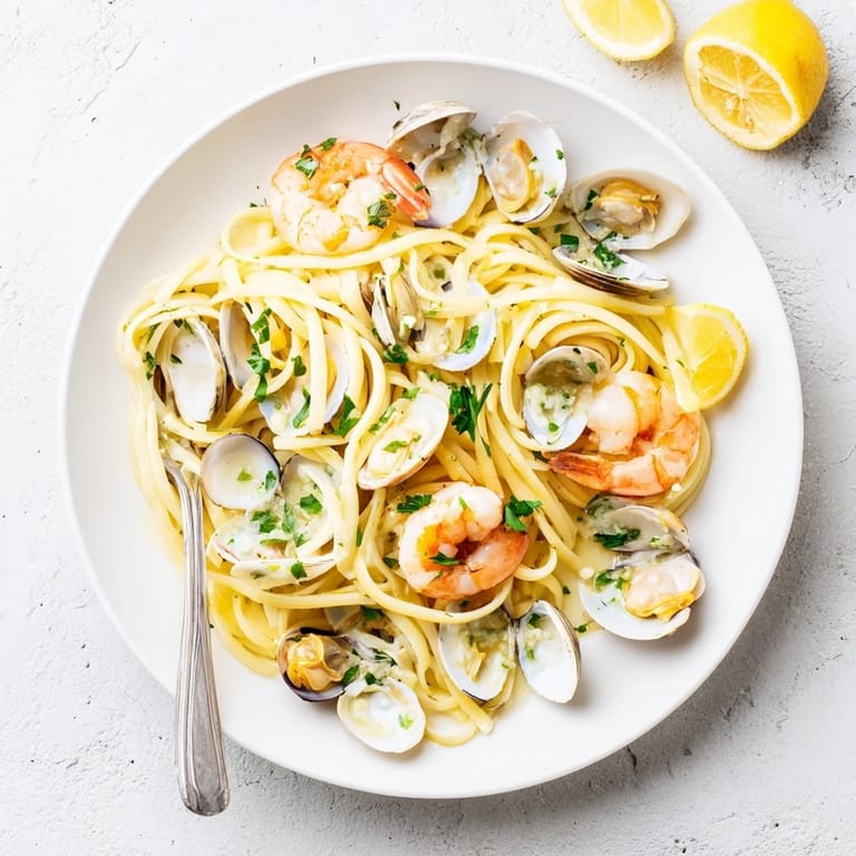 Seafood Linguine served in a rustic white bowl, featuring al dente pasta coated in a fragrant lemon-butter sauce and topped with colorful seafood.