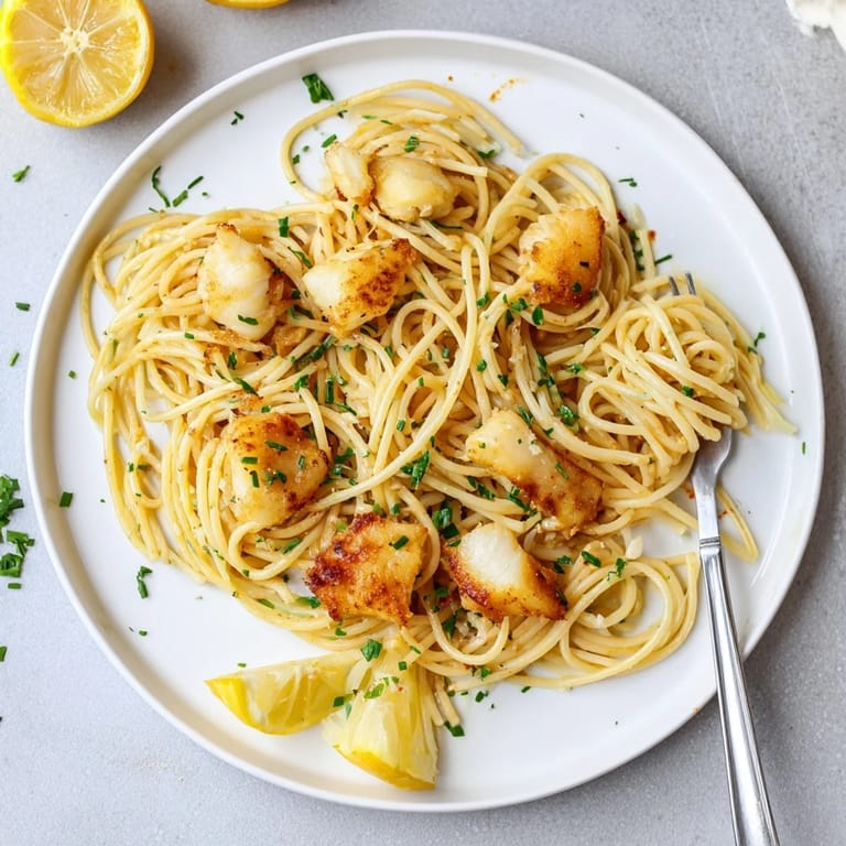 Savory Crispy Fish Pasta featuring flaky white fish, aromatic garlic, and fresh parsley served with lemon wedges.  