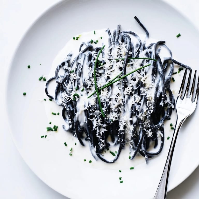 Sautéed shallots and garlic enrich the silky cream sauce coating jet-black Squid Ink Pasta on a dinner plate.