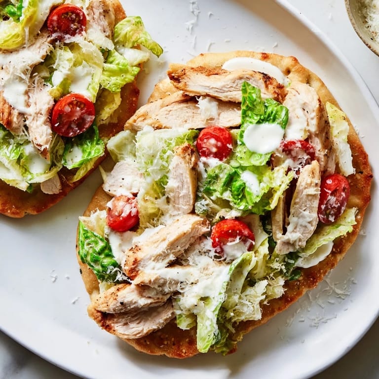Caesar Chicken Flatbread served with lemon wedges, perfect for a quick dinner.