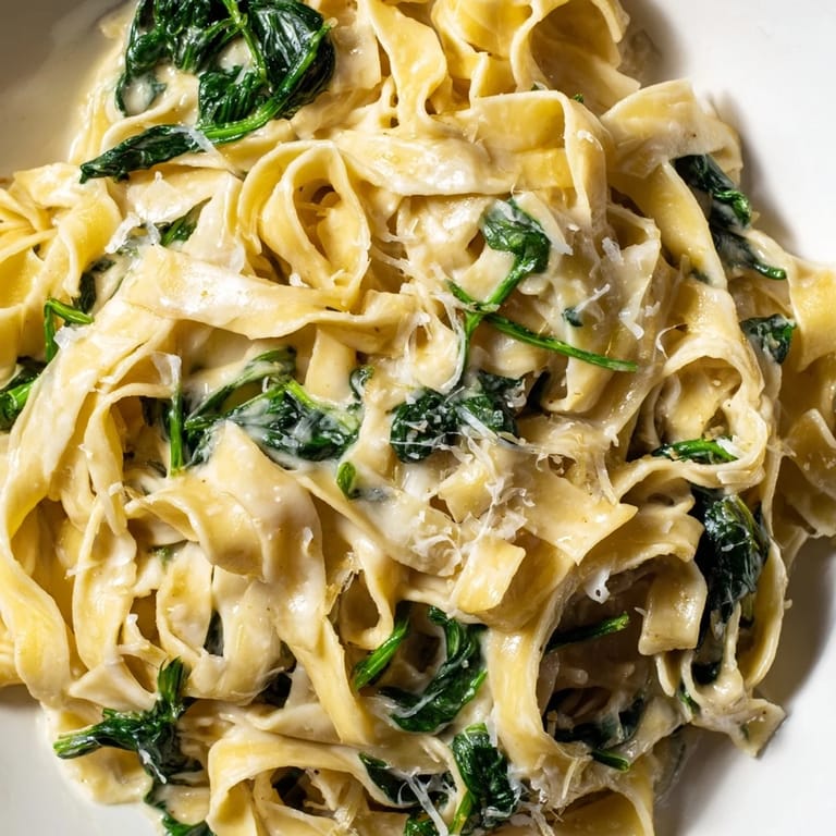 A rustic cast iron skillet filled with creamy spinach garlic noodles, garnished with freshly grated Parmesan cheese and a sprinkle of red pepper flakes, ready to serve as a comforting dinner.