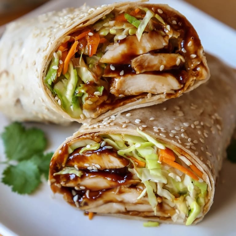 A close-up view of a freshly rolled teriyaki chicken wrap garnished with sesame seeds and cilantro, ready to be served.