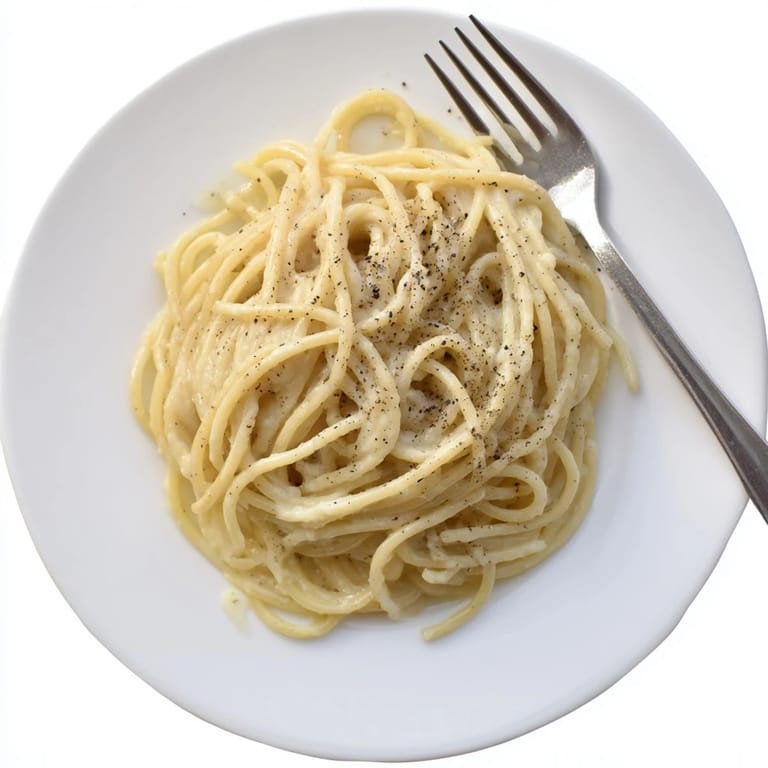 A close-up of Spaghetti Cacio e Pepe, highlighting the creamy, peppery sauce clinging to each strand.
