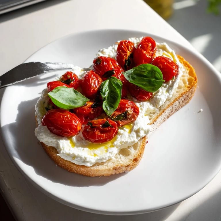 A close-up of warm tomato ricotta toast, with caramelized cherry tomatoes and a sprinkle of flaky sea salt, perfect for brunch or a light snack.  