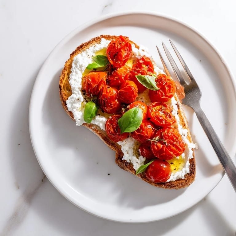 Whipped ricotta spread thickly on toasted bread, piled high with sweet roasted tomatoes and a touch of lemon zest for a bright, fresh finish.