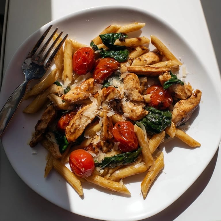 A close-up of Balsamic Glazed Chicken Pasta showing golden chicken strips and a rich, aromatic sauce over pasta.