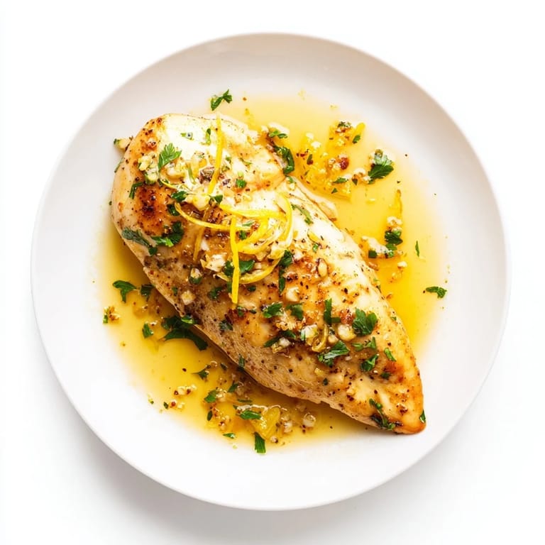 A close-up of Lemon Pepper Chicken in a skillet, steam rising from the bright citrus butter sauce.