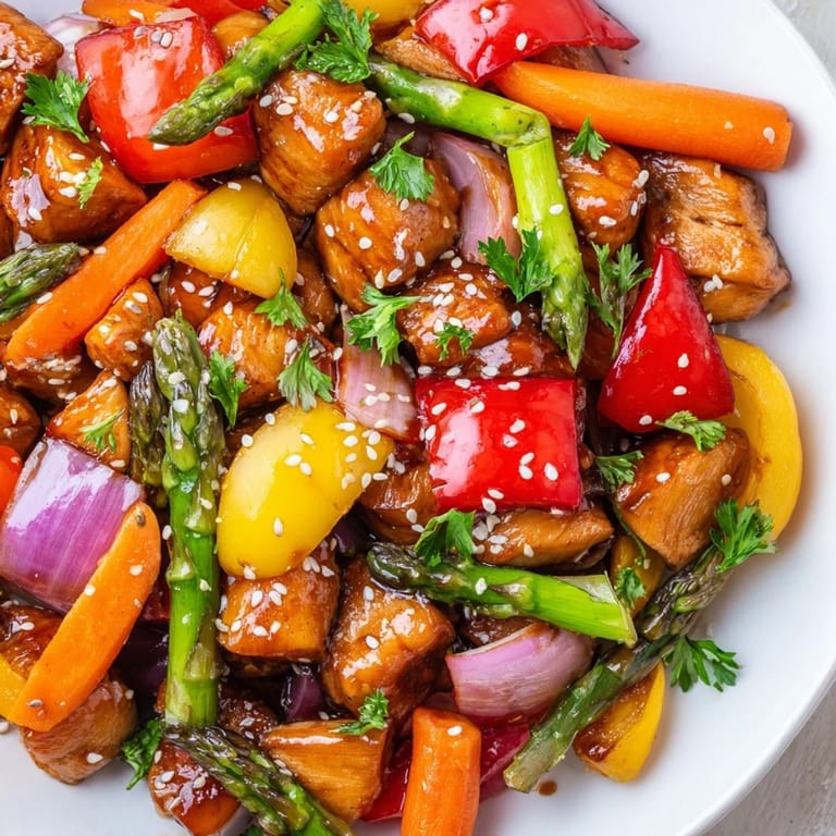 Colorful, tender chicken and crisp veggies coated in a glossy, sweet-savory honey garlic sauce ready to serve.  