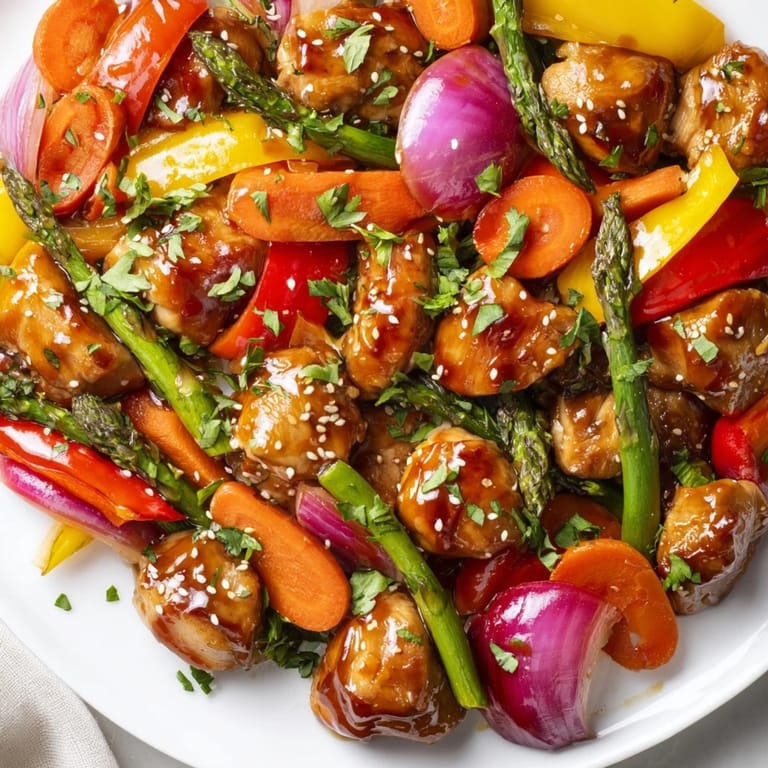 Easy weeknight dinner featuring bite-sized chicken, fresh spring vegetables, and a flavorful honey garlic glaze.