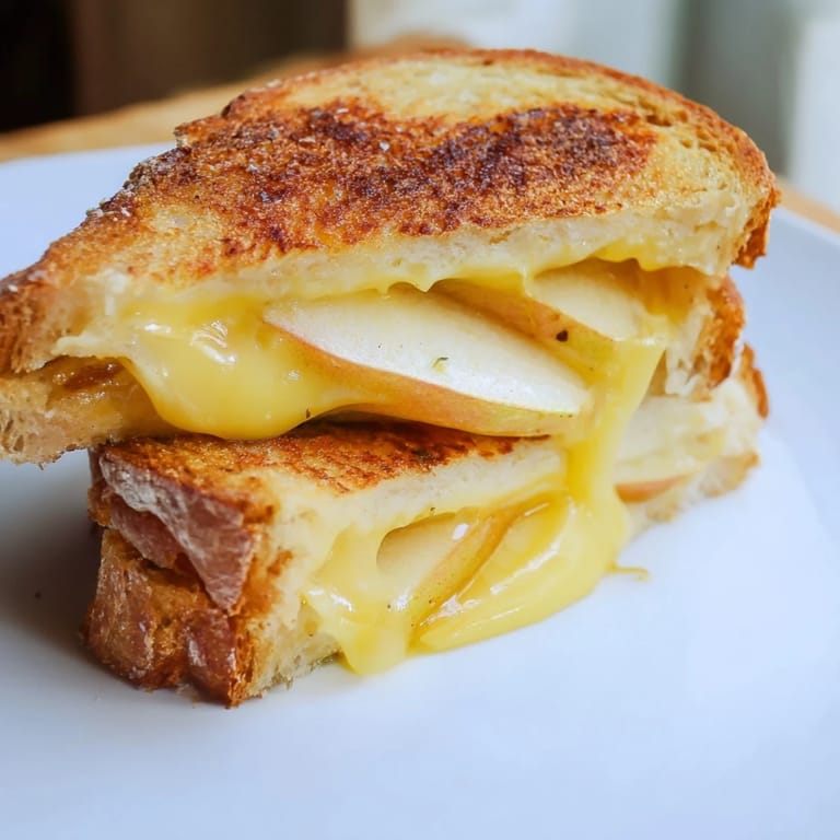 A close-up of a buttery grilled cheese sandwich with gooey smoked Gouda and tart apple, ready for lunch.  