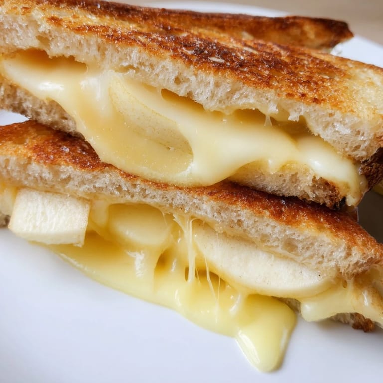 Two sliced halves of a gourmet smoked Gouda and apple grilled cheese, paired with a bowl of tomato soup.