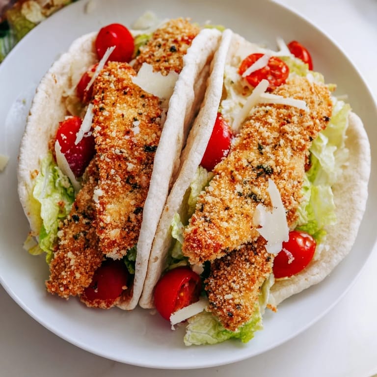 Tender herbed chicken cutlets with a crispy panko-Parmesan crust are tucked into warm pita pockets with fresh Caesar salad, ready to serve.