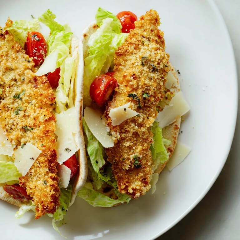 Warm pita pockets stuffed with golden herbed chicken, crisp romaine, shaved Parmesan, and Caesar dressing, served on a white plate for a family-friendly main dish.