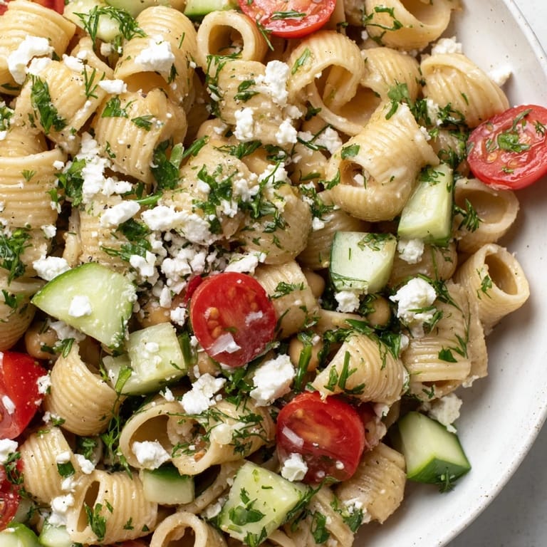 Chilled Lemon Herb Chickpea Pasta Salad served in a white bowl with feta crumbles, olives, and a lemon wedge.