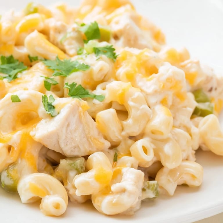 Savory Green Chili Chicken Mac served hot in a skillet, garnished with cilantro and jalapeño, paired with a crisp green salad for a balanced family meal.