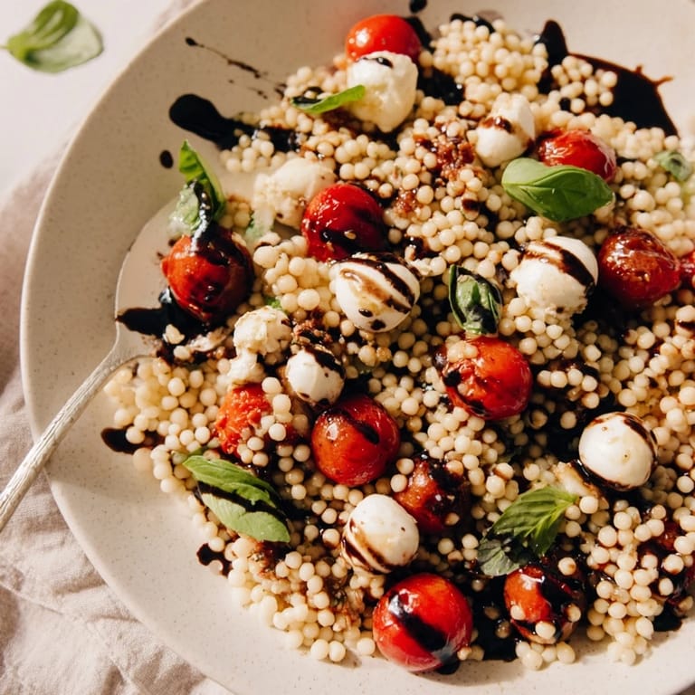 Vibrant Caprese Couscous Salad ready to serve, blending fluffy couscous, fresh mozzarella pearls, and cherry tomatoes with fragrant basil and a glossy balsamic glaze.