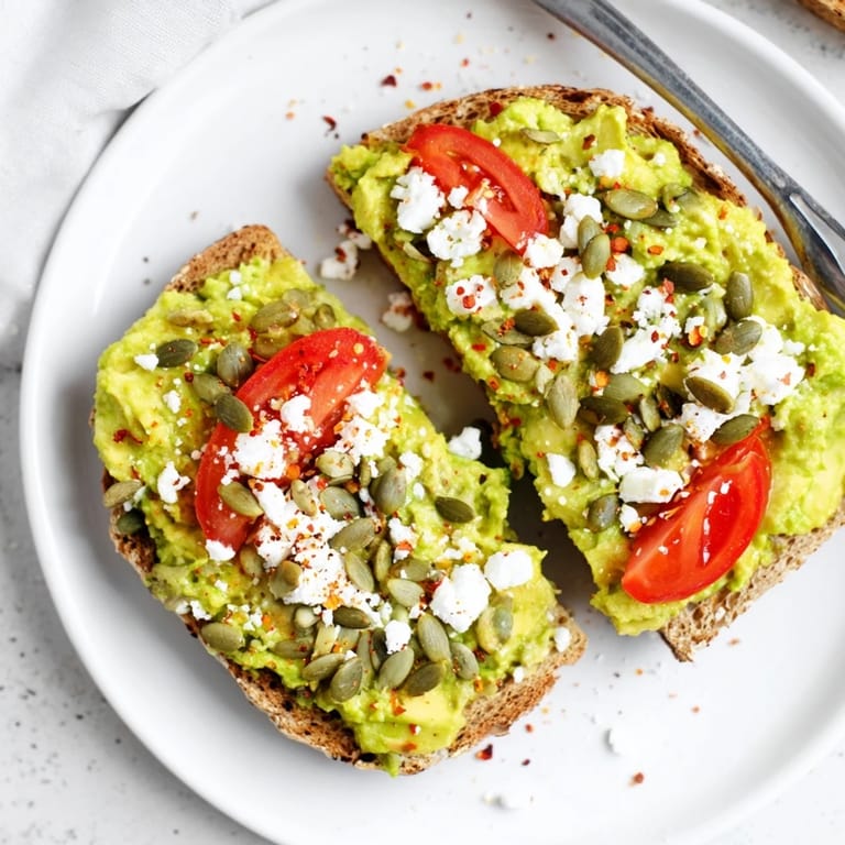 Golden toasted whole grain slices spread with seasoned avocado, garnished with feta cheese and a dash of red pepper flakes.