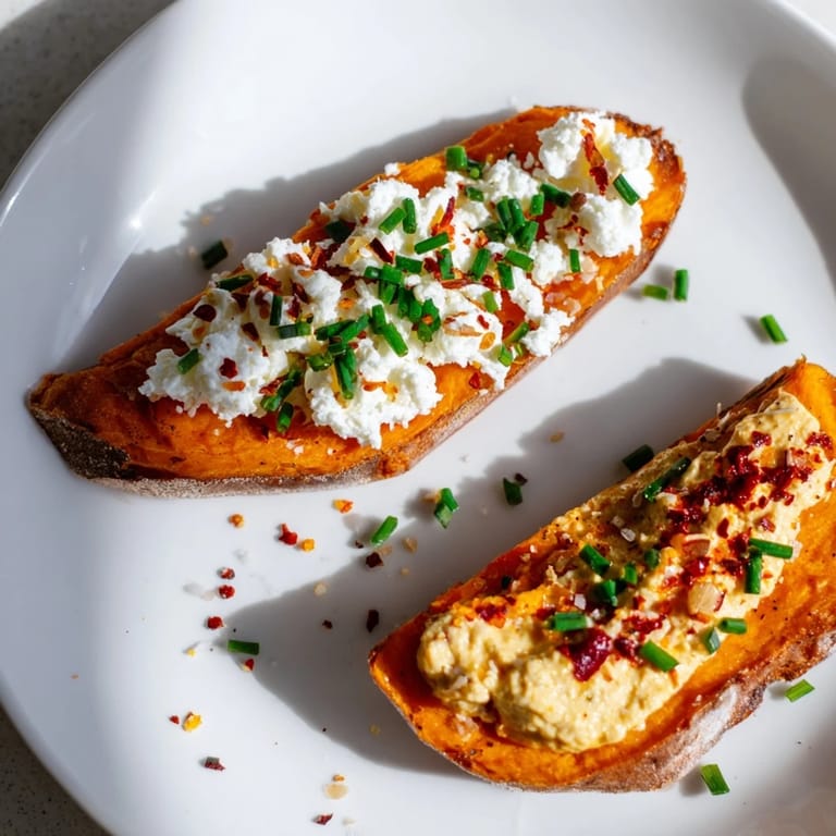 Warm sweet potato toast variations arranged on a plate, featuring savory hummus, crumbled feta, and fresh herbs.