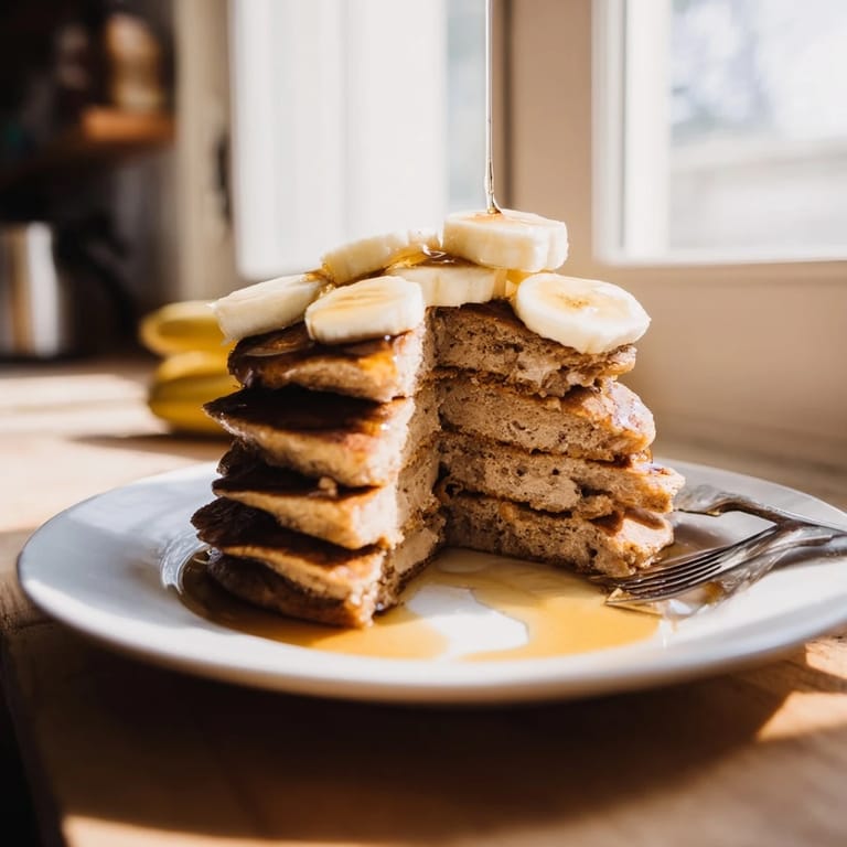 A close-up view shows fluffy Protein Power Pancakes cooking on a griddle, steam rising from the golden-brown surfaces and bubbly edges.