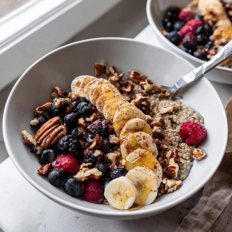 Steaming Buckwheat Groats Breakfast in a rustic bowl, mixed with crunchy pecans and walnuts, ready for milk.  