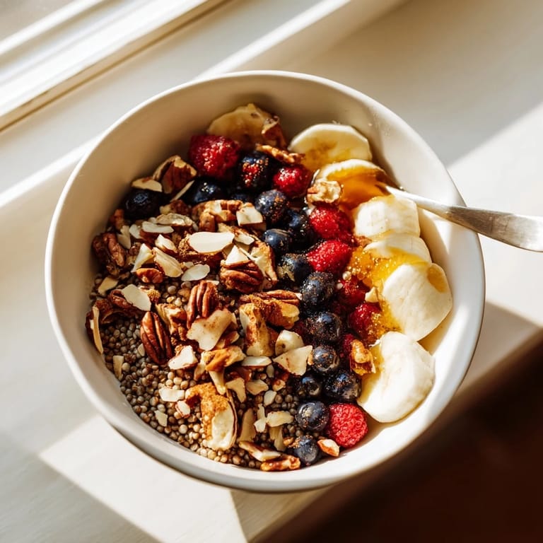Golden Buckwheat Groats Breakfast served with almond slices, blueberries, and a maple syrup drizzle on a wooden table.