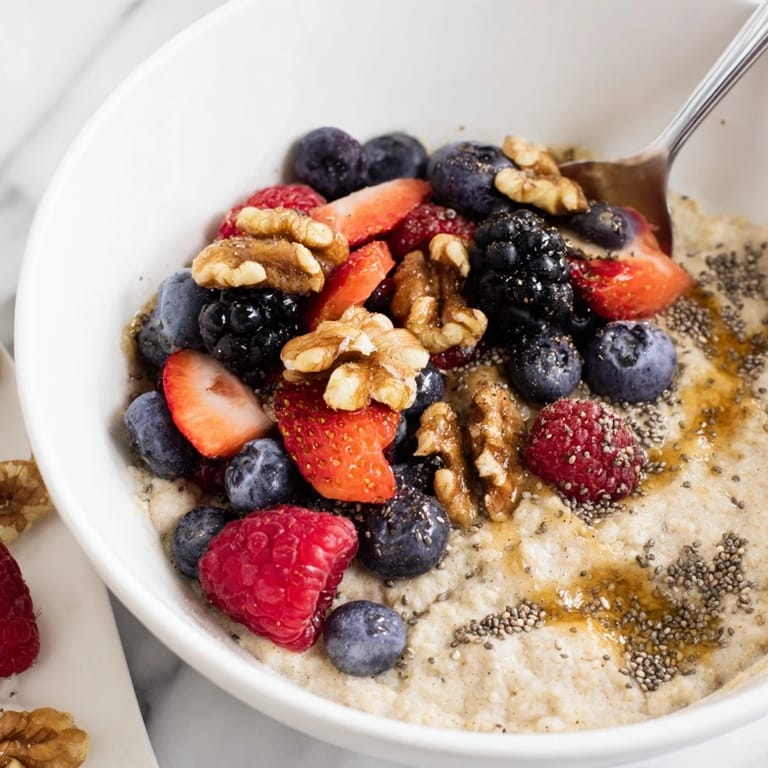 Hearty Millet Porridge With Berries served in a rustic bowl, garnished with chia seeds and walnuts for extra texture.