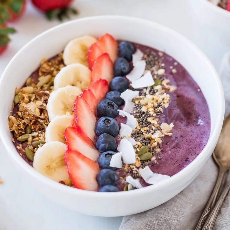 This bright acai berry smoothie bowl features chia seeds and coconut flakes, served in a white bowl with a spoon.  