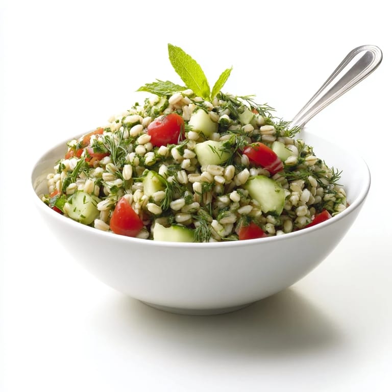 A close-up of chilled Barley and Herb Salad, tossed with fresh parsley, mint, and dill, drizzled with lemon vinaigrette.